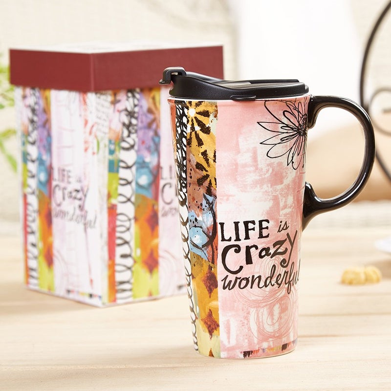 Topadorn Christmas Ceramic Travel Mug with Sealed Lid Coffee Cup Latte Mug for Home and Office Gift Box (Life is crazy wonderful) - Image 3